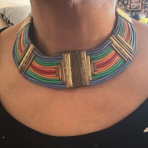 Vtg Alexis Kirk 1970’s Rainbow Colors Leather Brass Choker Necklace Needs TLC